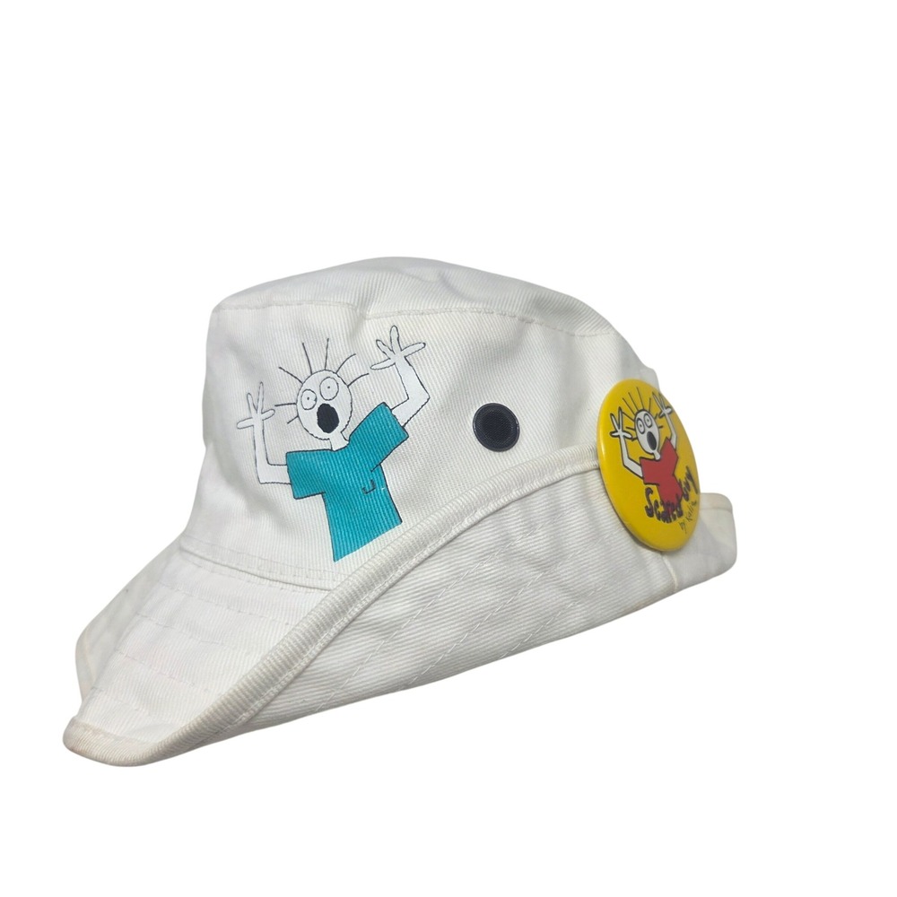 Scared Guy Vtg 90s  Bucket Hat Women OS White Embroidered Snap Brim 90s Graphic